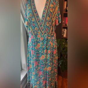 Teal Boho Floral Wrap Maxi Dress 2XL Flutter Sleeve Festival Cottagecore Fairy